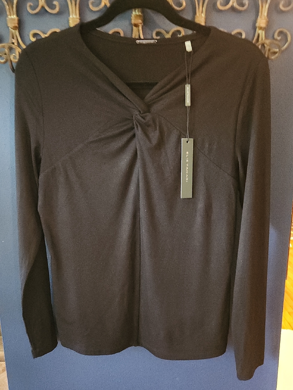 Elie Tahari Black Long Sleeve Twist-Front Top